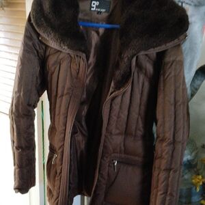 Nine West Brown Quilted Jacket with Faux Fur Collar
